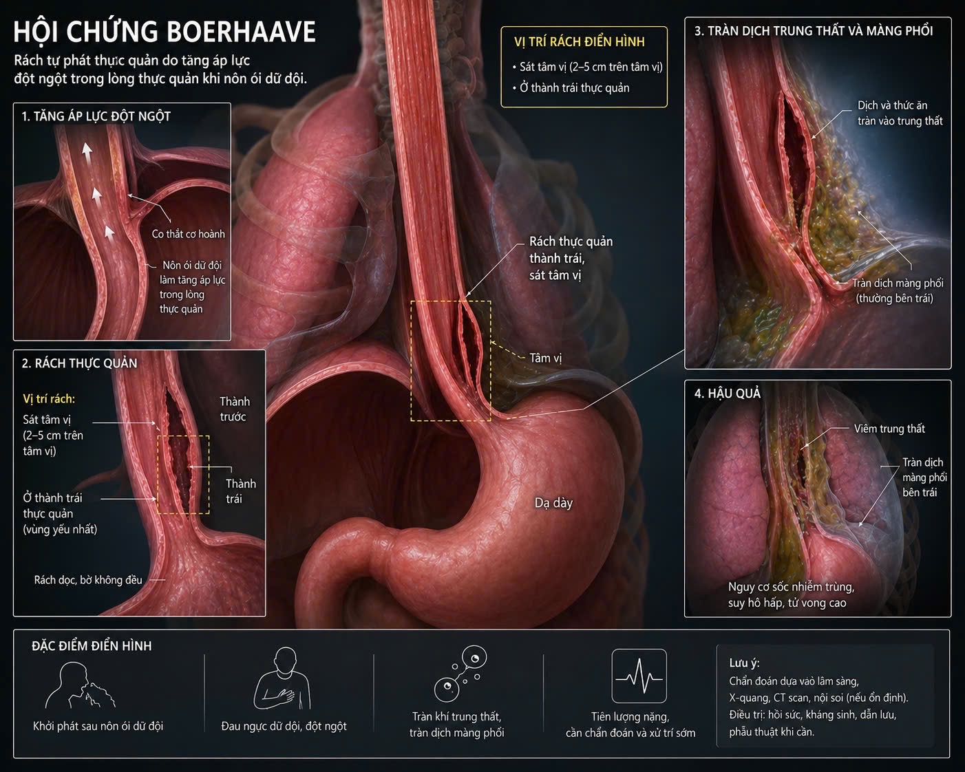 Đồ họa mô phỏng bệnh lý rách thực quản - hội chứng Boerhaave (Ảnh từ BV)