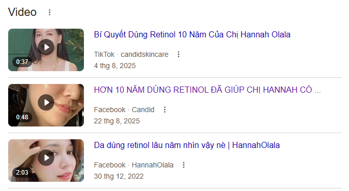 Giới thiệu từ tài khoản Facebook Candid vào năm 2025 cho biết Hannah Olala đã dùng retinol hơn 10 năm (Ảnh chụp màn hình)