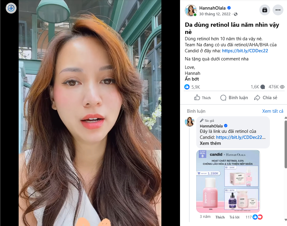 Từ năm 2022, Hannah Olala đã cho biết mình dùng retinol hơn 10 năm (Ảnh chụp màn hình)