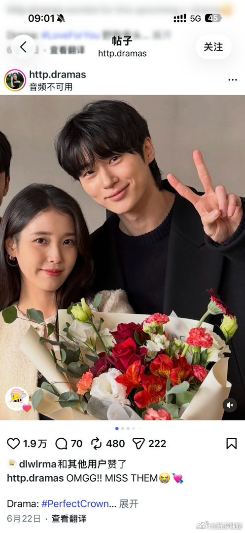 IU cũng gây xôn xao khi nhấn like 1 bài đăng ghép đôi cô với Byeon Woo Seok. Ảnh: Weibo
