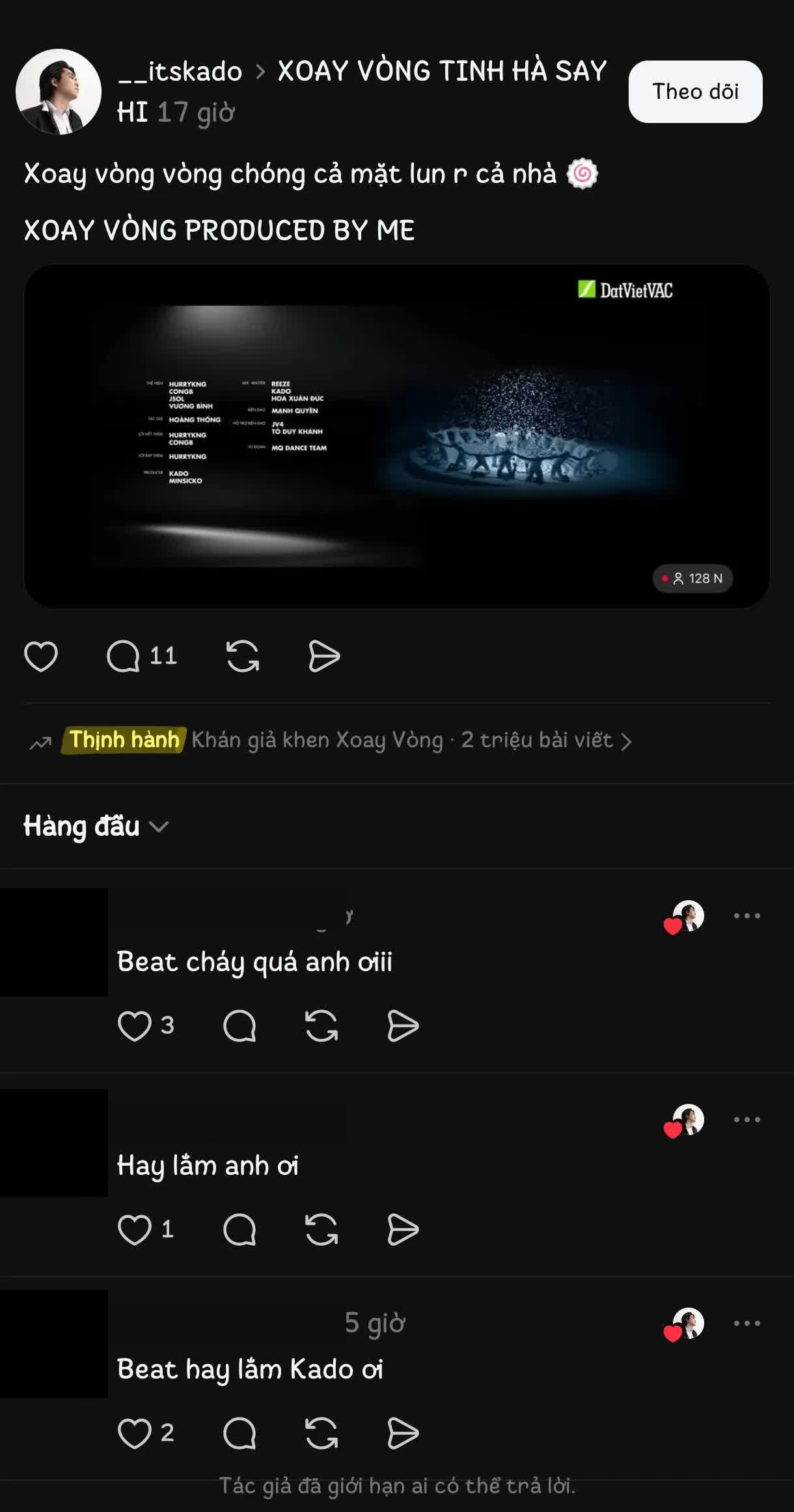 Producer của bài hát đã khóa bình luận trên mạng xã hội