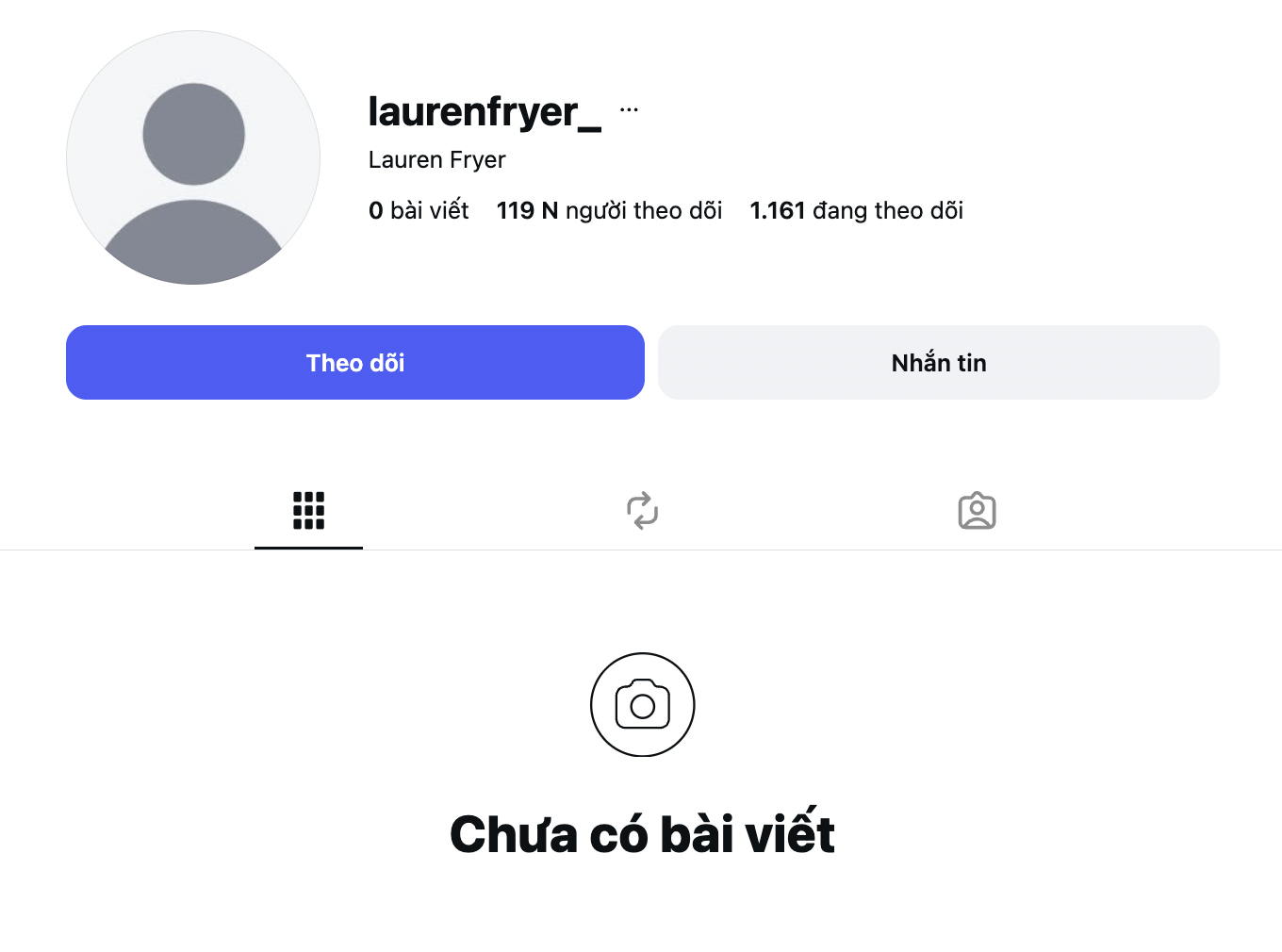 Tài khoản Instagram của Lauren hoàn toàn trống rỗng (Ảnh chụp màn hình)