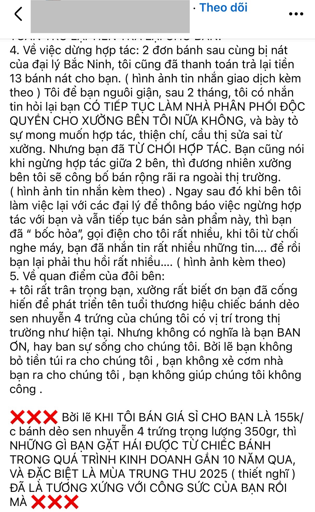 Phía xưởng sản xuất liên tục đăng bài công khai giá bán sỉ, lẻ, chia sẻ về chuyện dừng hợp tác với bên bán hàng online. Ảnh chụp màn hình.