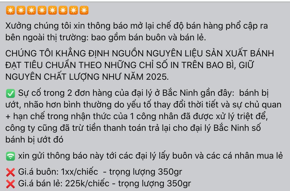 Ngay sau khi xác nhận chấm dứt hợp tác với nhà phân phối độc quyền, xưởng công bố giá bán của chiếc bánh dẻo 4 trứng. Theo thông báo, giá bán lẻ là 225.000 đồng/chiếc.