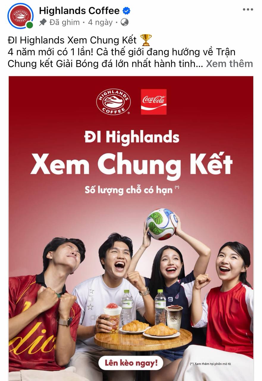  Highlands Coffee bất ngờ thông báo sẽ mở cửa xuyên đêm tại một số cửa hàng để phục vụ khách hàng xem chung kết World Cup