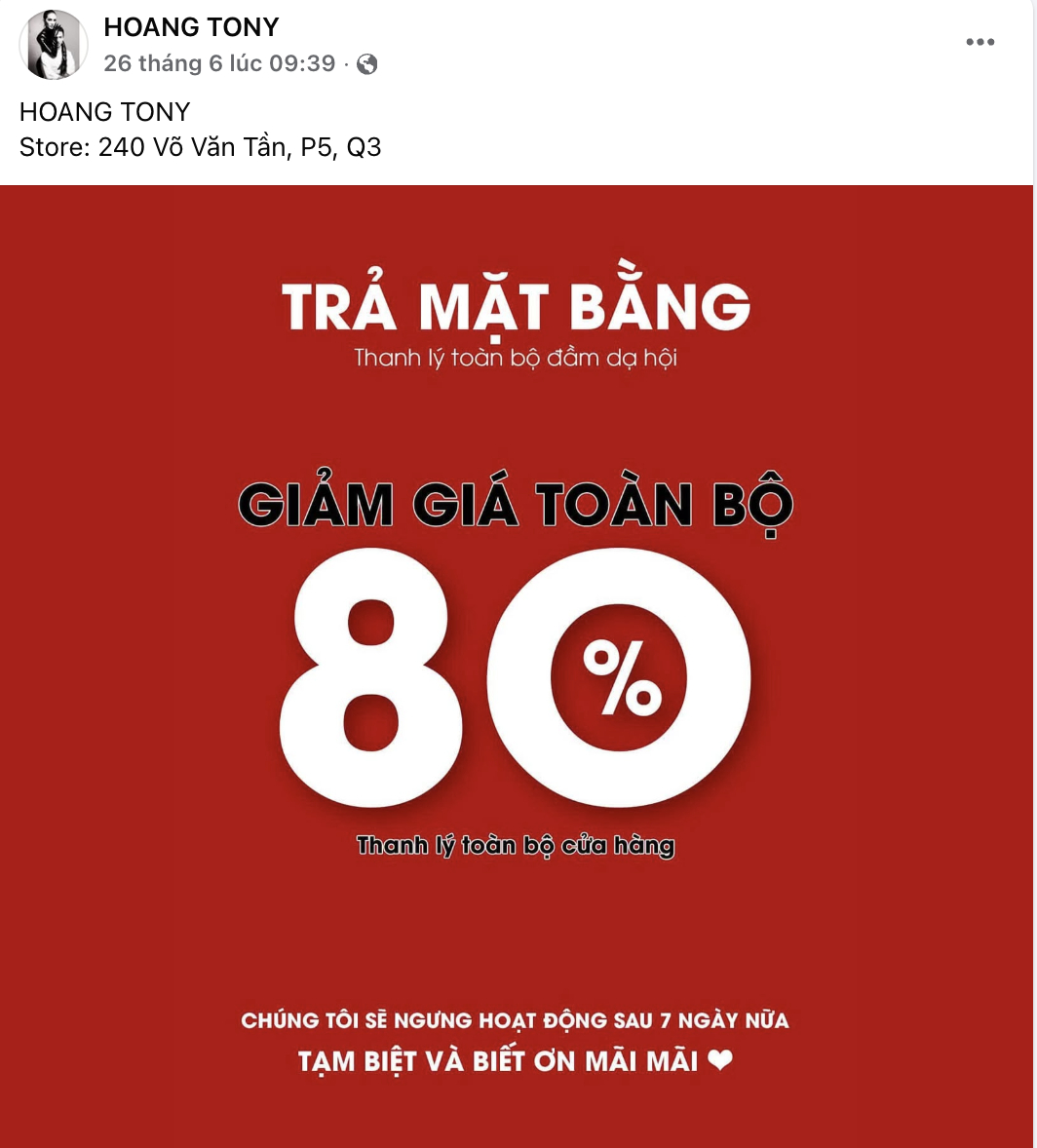 Cửa hàng kinh doanh của NTK Hoàng Tony thông báo ngưng hoạt động