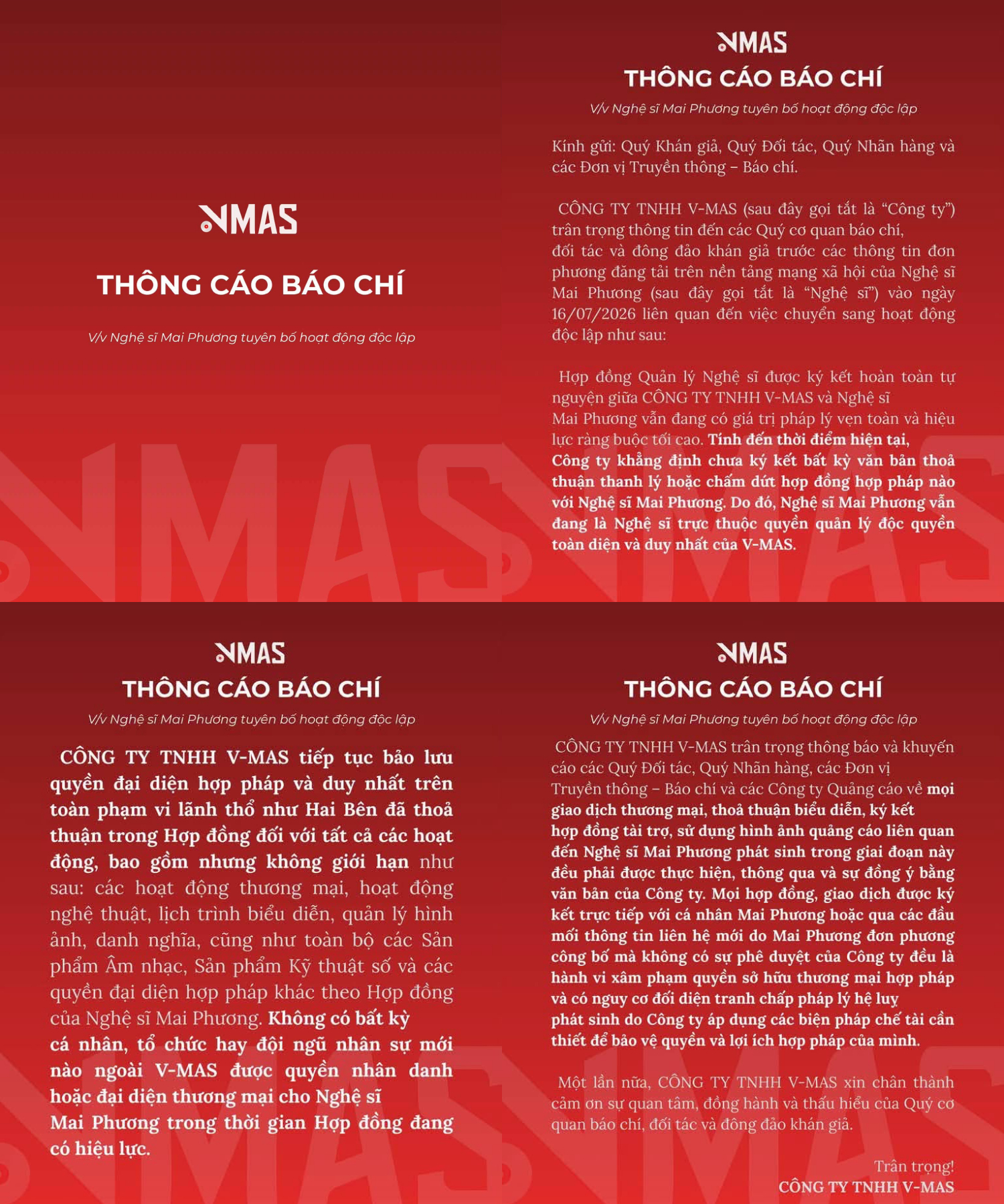 VMAS đưa ra thông báo công khai sau khi Mai Phương đơn phương tuyên bố hoạt động độc lập