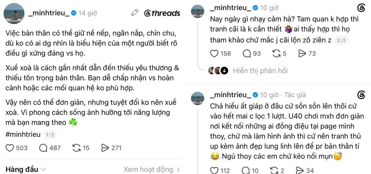 Bài đăng của Minh Triệu kéo cô vào ồn ào mới (Ảnh: Threads nhân vật)