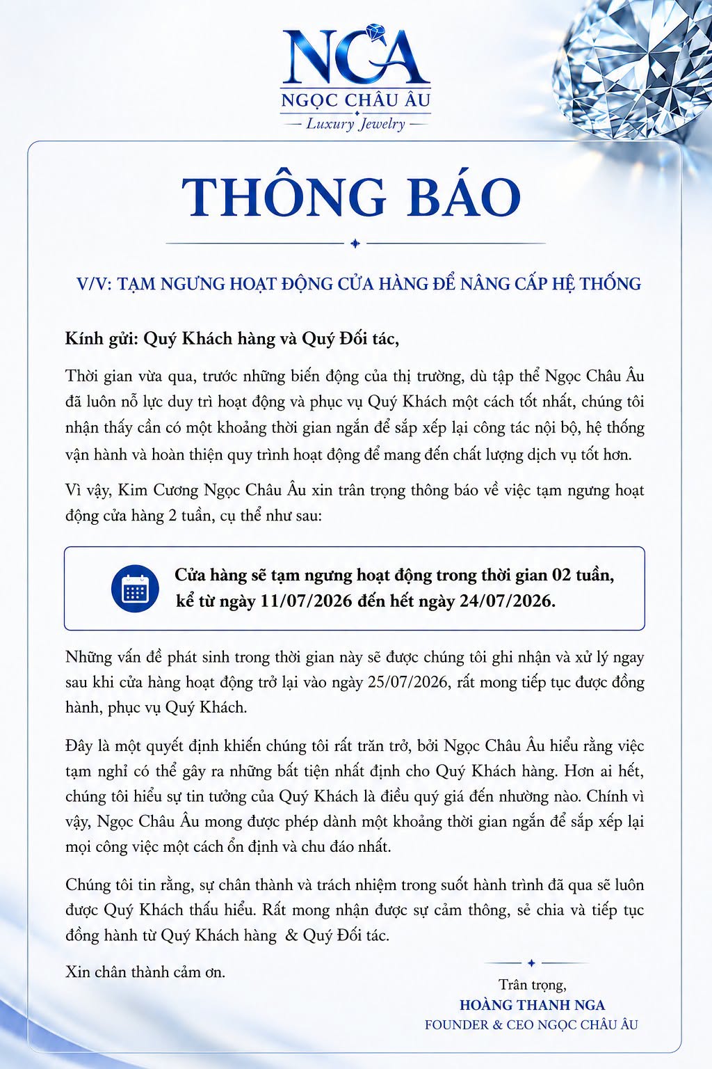 Thông báo từ Ngọc Châu Âu
