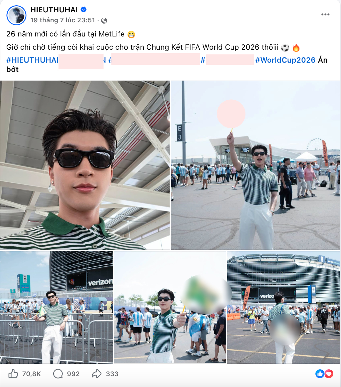 Hình ảnh của HIEUTHUHAI ở Mỹ gây sốt, anh cũng chọn một chiếc áo có màu sắc chủ đạo của nhãn hàng