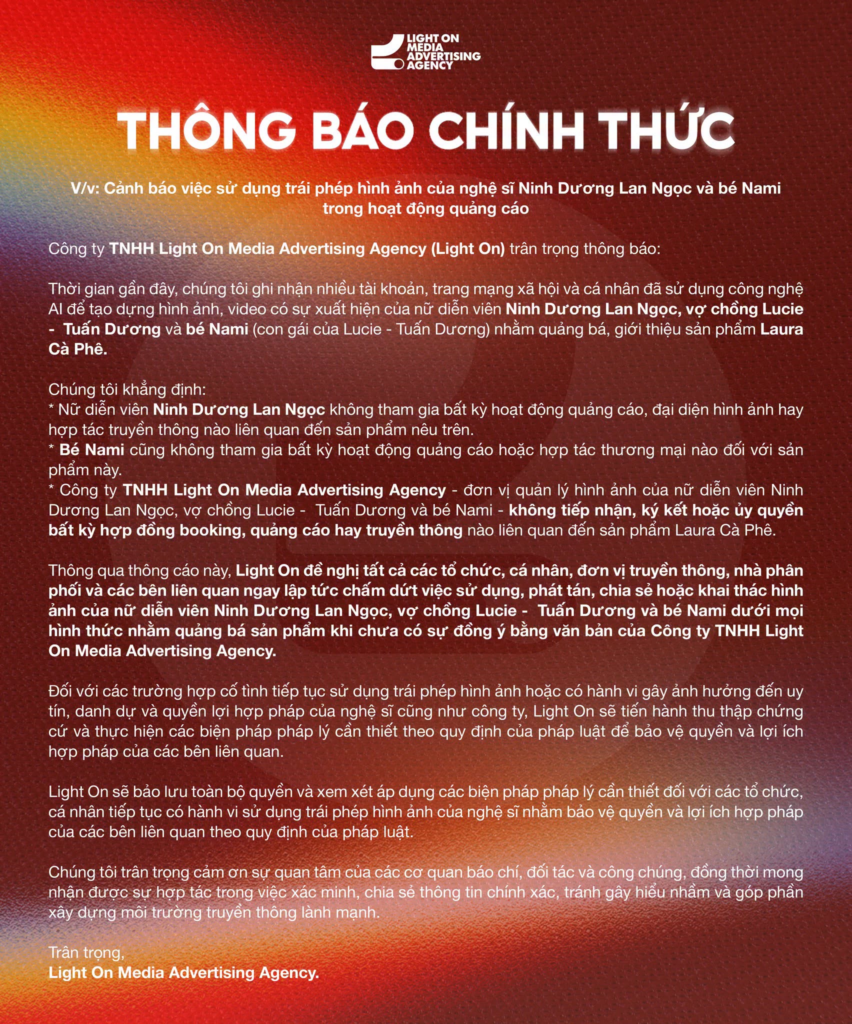 Công ty quản lý của diễn viên Ninh Dương Lan Ngọc cũng đã phát đi thông báo sau khi hình ảnh nữ diễn viên bị AI cắt ghép