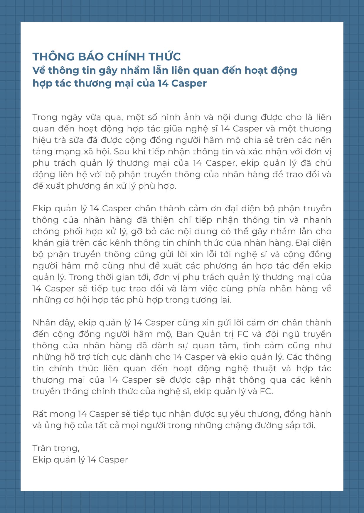 Thông báo chính thức từ ekip quản lý 14 Casper