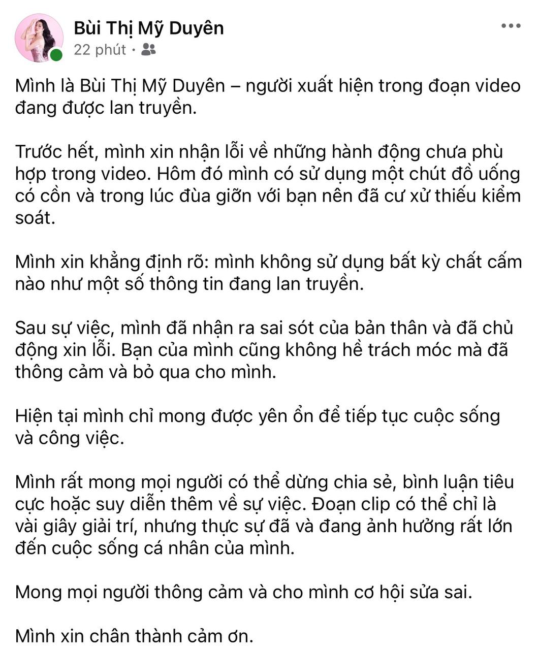 Bài đăng lên tiếng trên trang cá nhân của Á hậu Bùi Thị Mỹ Duyên về đoạn clip gây hoang mang