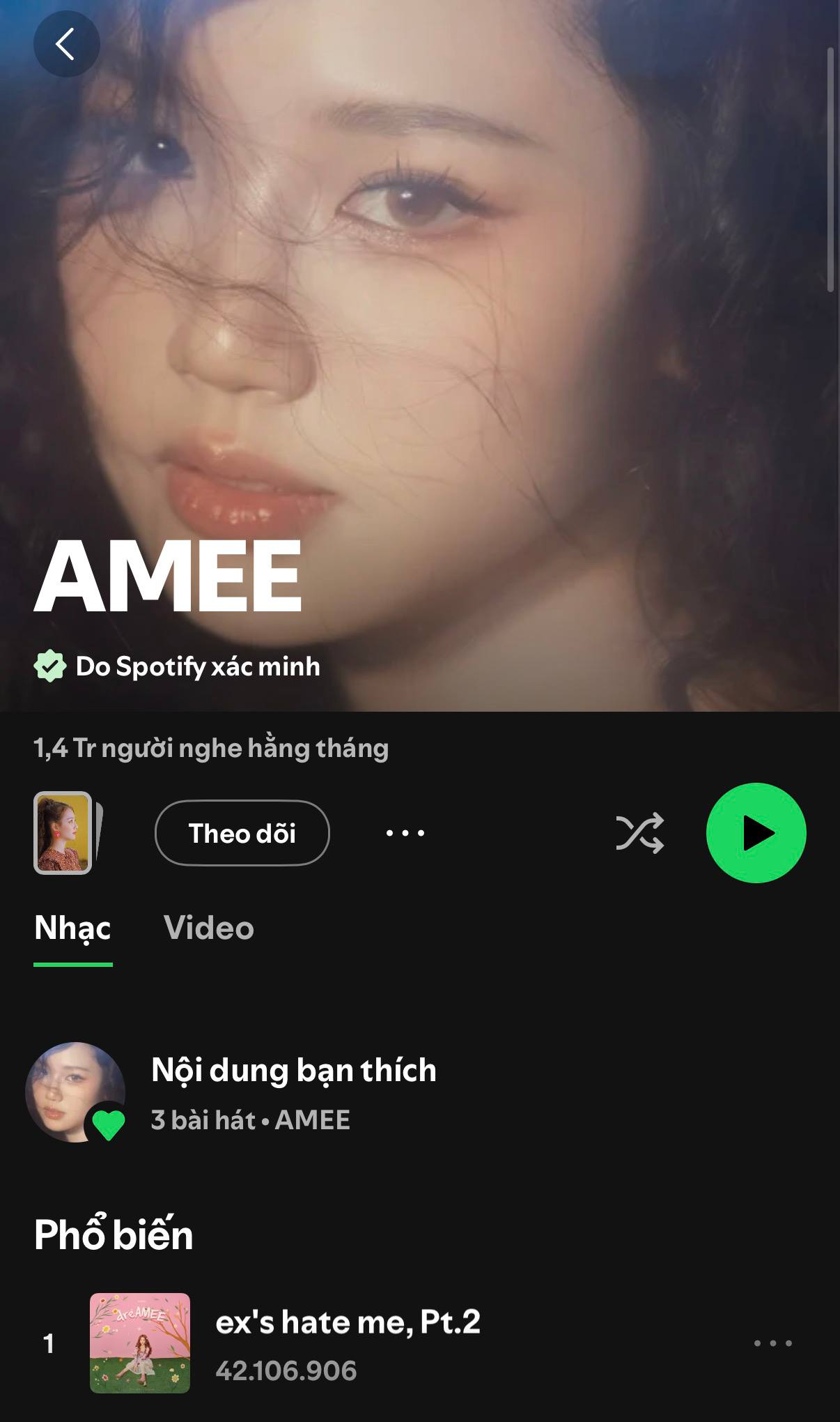 AMEE vẫn duy trì khoảng 1,4 triệu người nghe hàng tháng trên Spotify