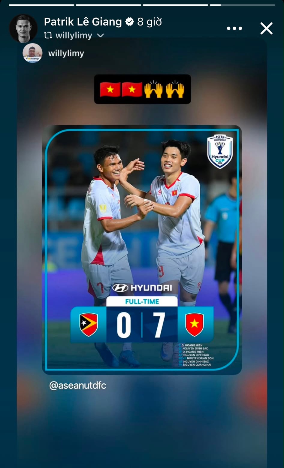 Sau trận đấu, Lê Giang Patrik reup lại story của người hâm mộ (Ảnh chụp màn hình)