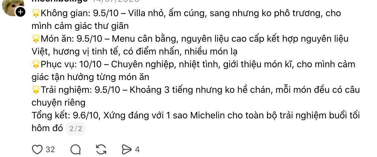 Người này chấm số điểm cao và cho rằng đây là mức trải nghiệm xứng đáng với một nhà hàng 1 sao Michelin.