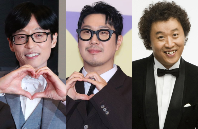 Haha (giữa) chia sẻ với Jeong Joon Ha rằng anh đã nhận được 10 triệu won (hơn 180 triệu đồng) tiền mừng cưới từ Yoo Jae Suk trong hôn lễ vào năm 2012. Ảnh: Nate