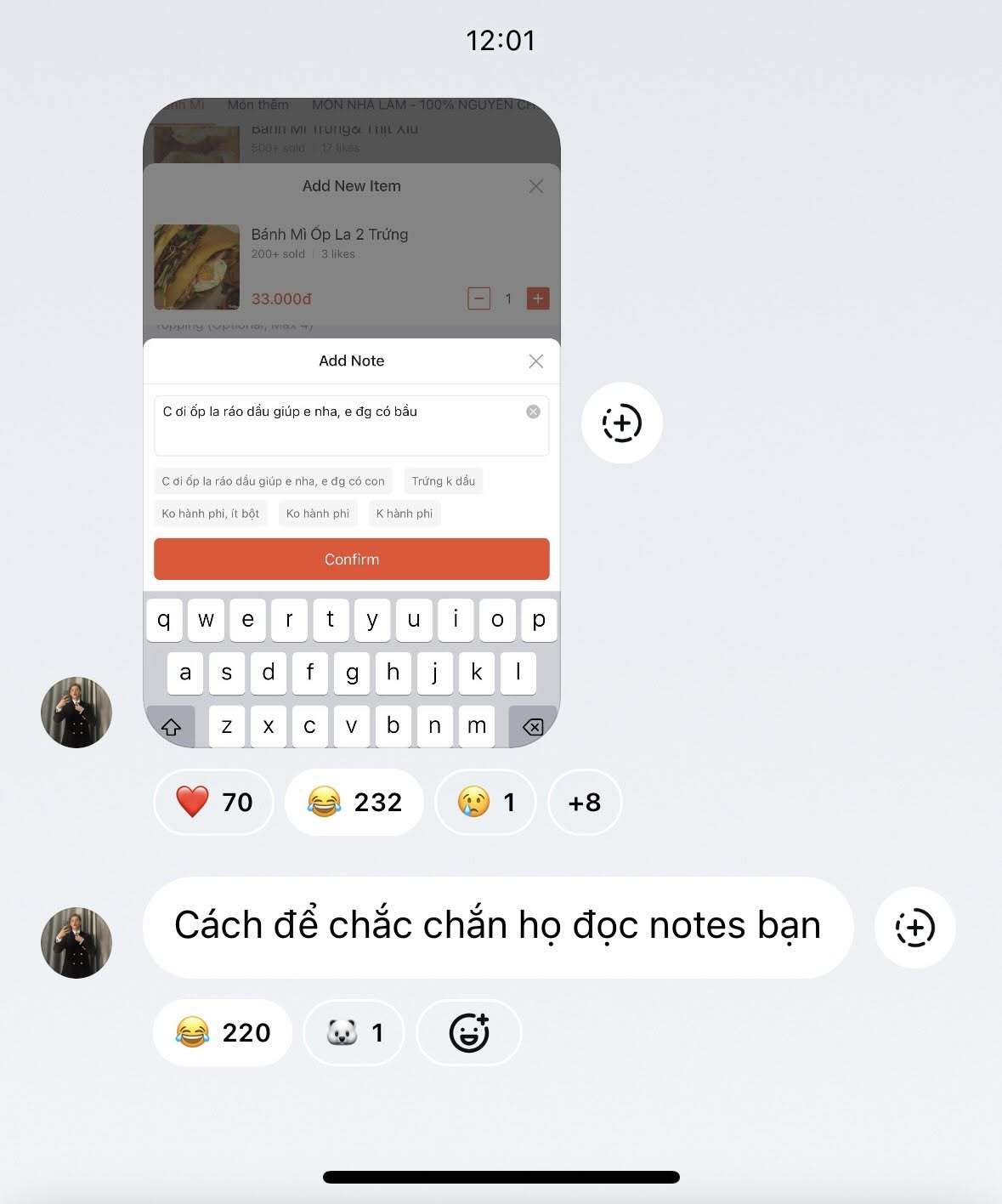 WEAN Lê khoe để lại ghi chú khi đặt đồ ăn: 
