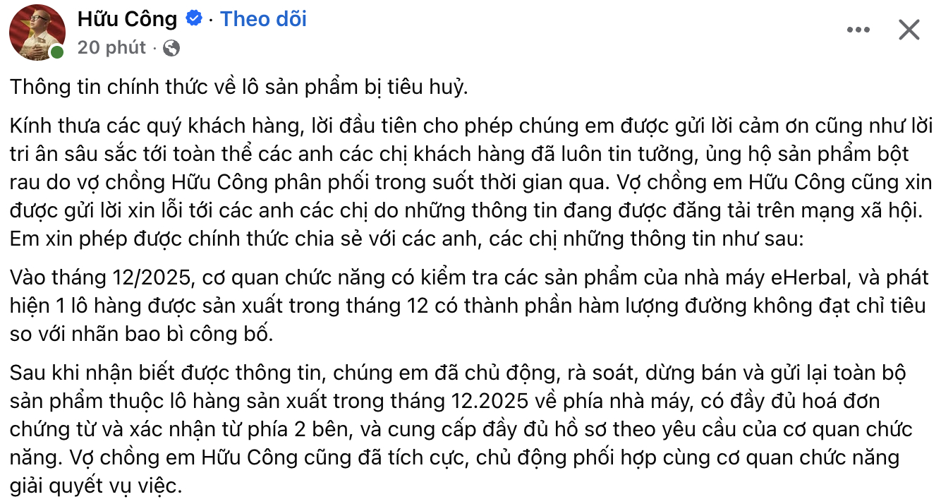 Hữu Công lên tiếng về sản phẩm bị thu hồi