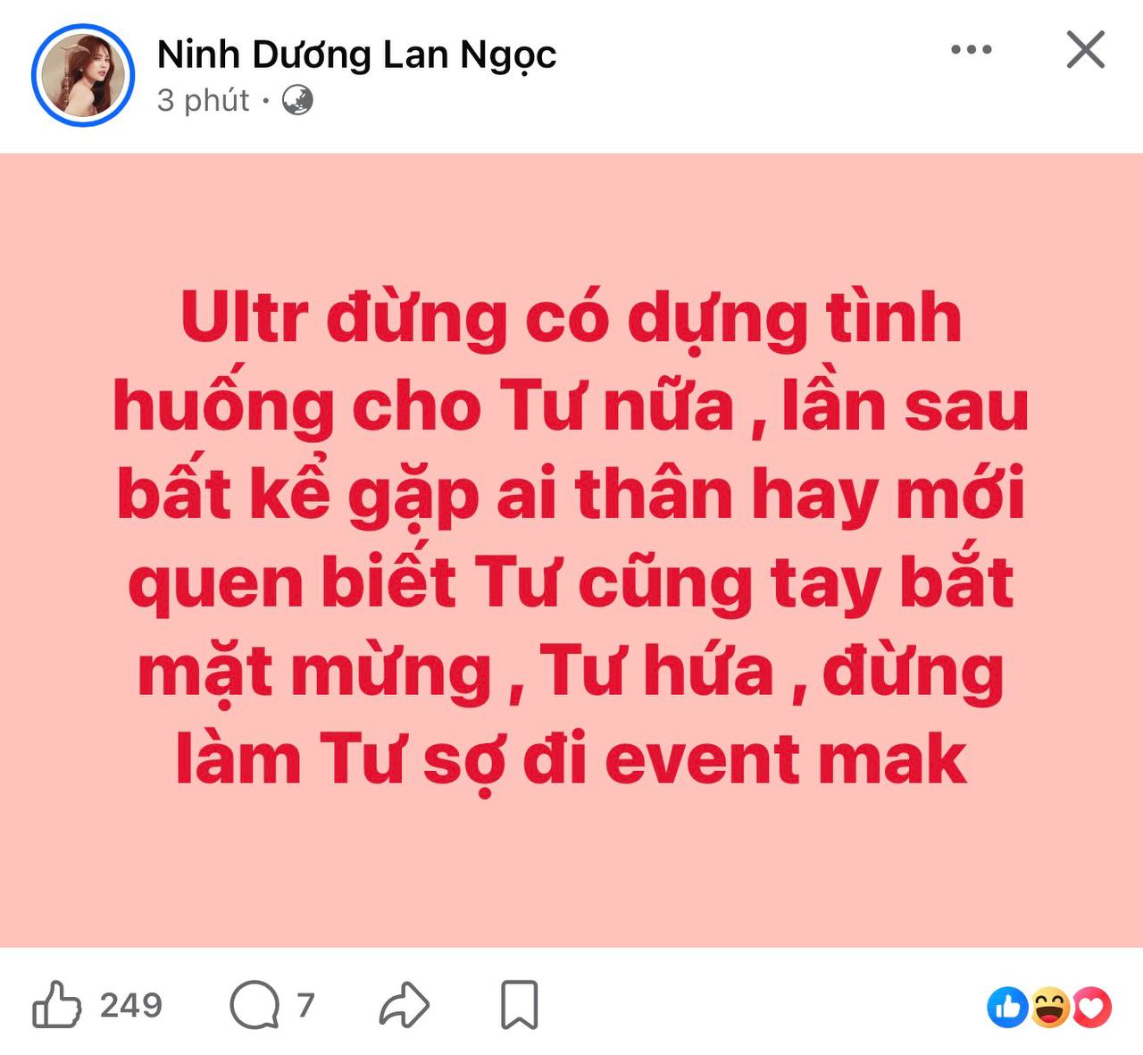 Ninh Dương Lan Ngọc đăng dòng trạng thái chia sẻ về tình huống tối qua
