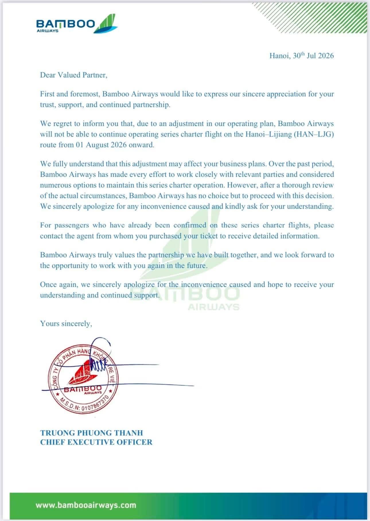 Thông báo của Bamboo Airways đến các đại lý