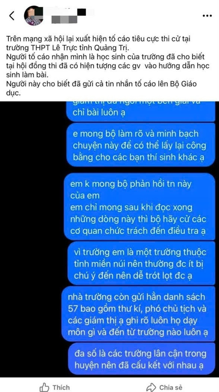 Thông tin phản ánh vi phạm thi cử ở tỉnh Quảng Trị đang lan truyền trên mạng xã hội