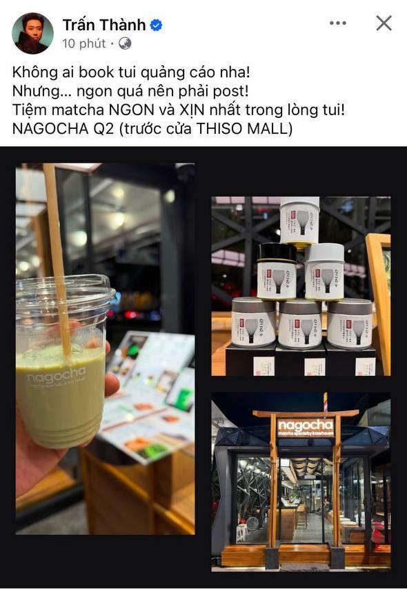 Trấn Thành đăng tải bài viết giới thiệu một quán matcha trên fanpage có hơn 18 triệu người theo dõi.