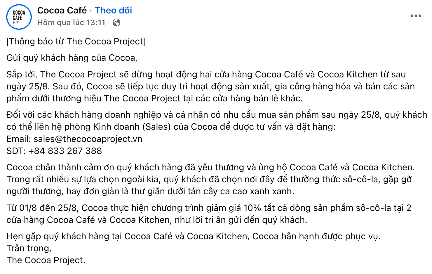 Tăng giá lên 90.000 đồng, The Cocoa Project vẫn phải đóng cửa sau 5 năm