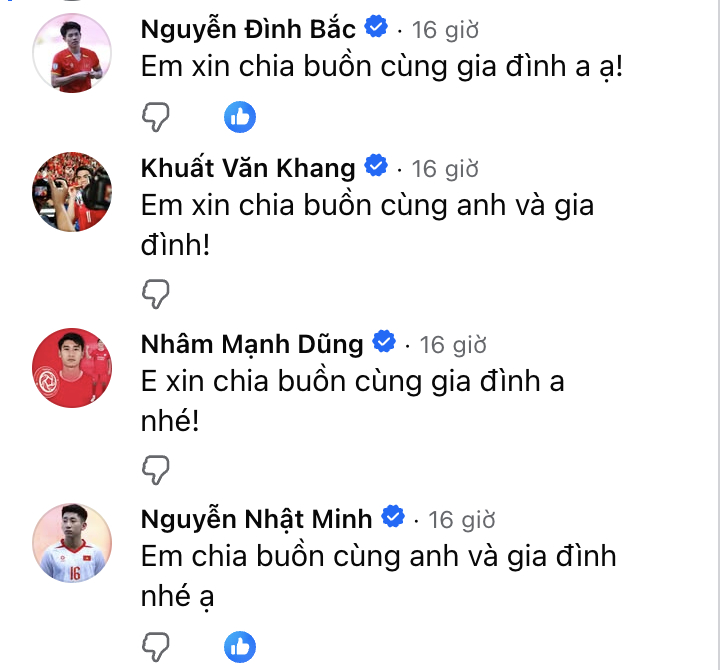 Nhiều cầu thủ đã gửi lời chia buồn, động viên đến Tiến Anh dưới bài đăng