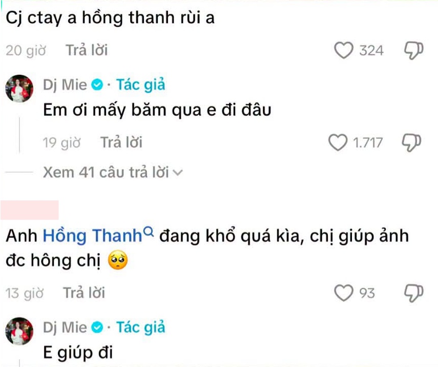 Hàng loạt bình luận nhắc Hồng Thanh xuất hiện ở trang cá nhân của Mie