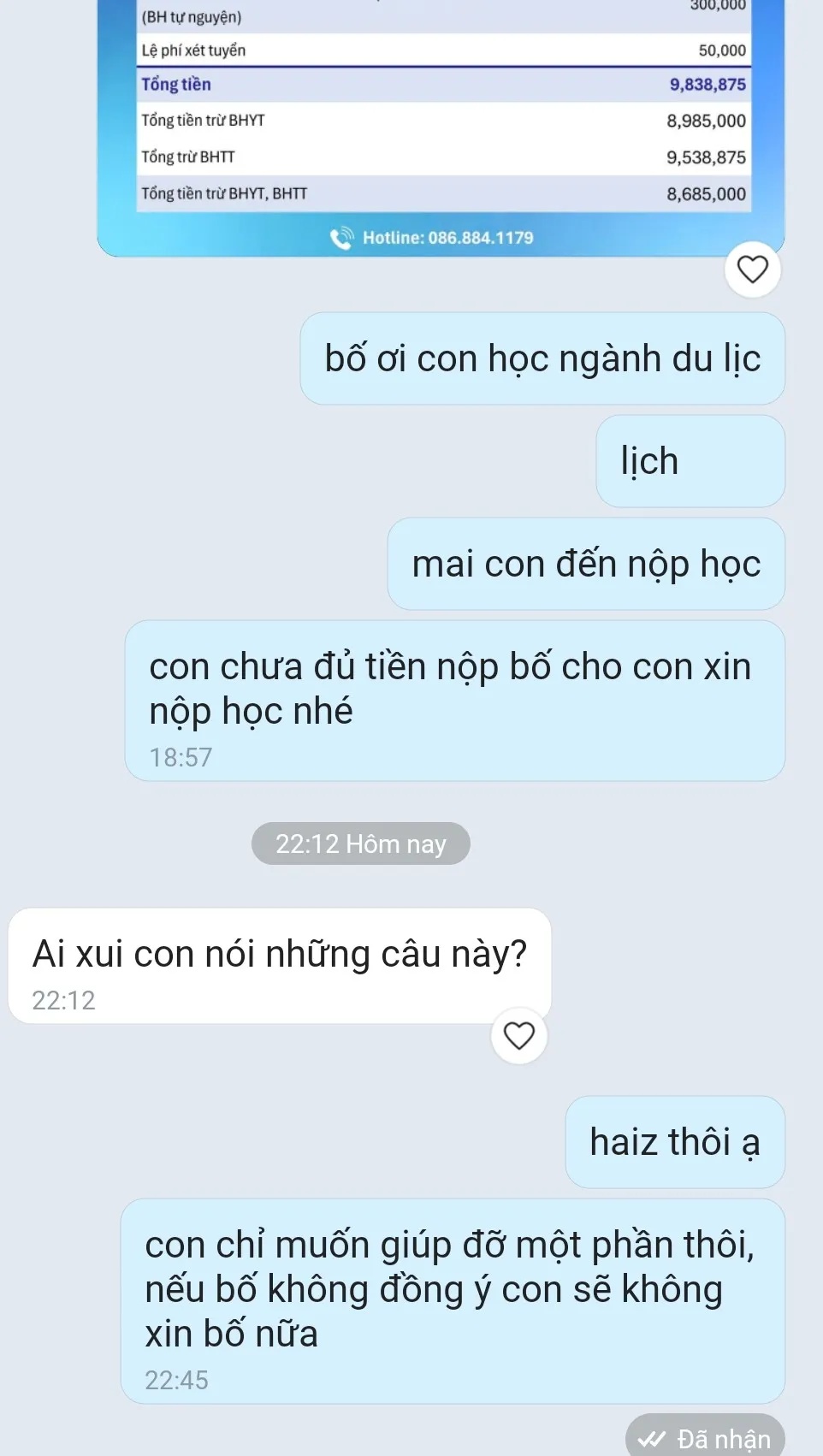 Chỉ từ tin nhắn cũng cảm nhận được sự tủi thân của nữ sinh (Ảnh chụp màn hình)