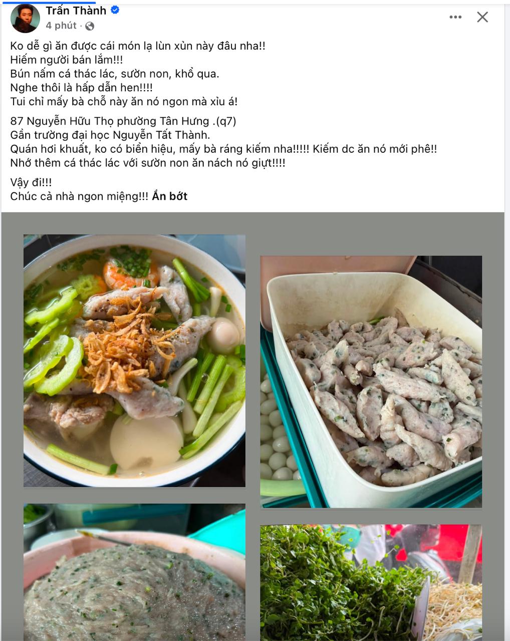 Trấn Thành khiến dân mạng tò mò khi chia sẻ về một quán bún cá thác lác tại TP.HCM.
