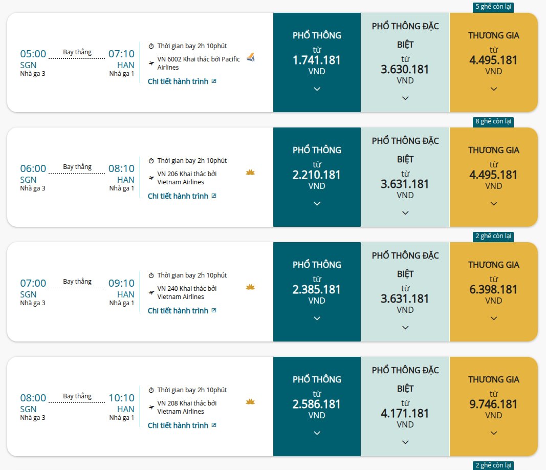 Giá vé máy bay của Vietnam Airlines dao động khoảng 1,6 - 4 triệu đồng/chiều. Ảnh chụp màn hình