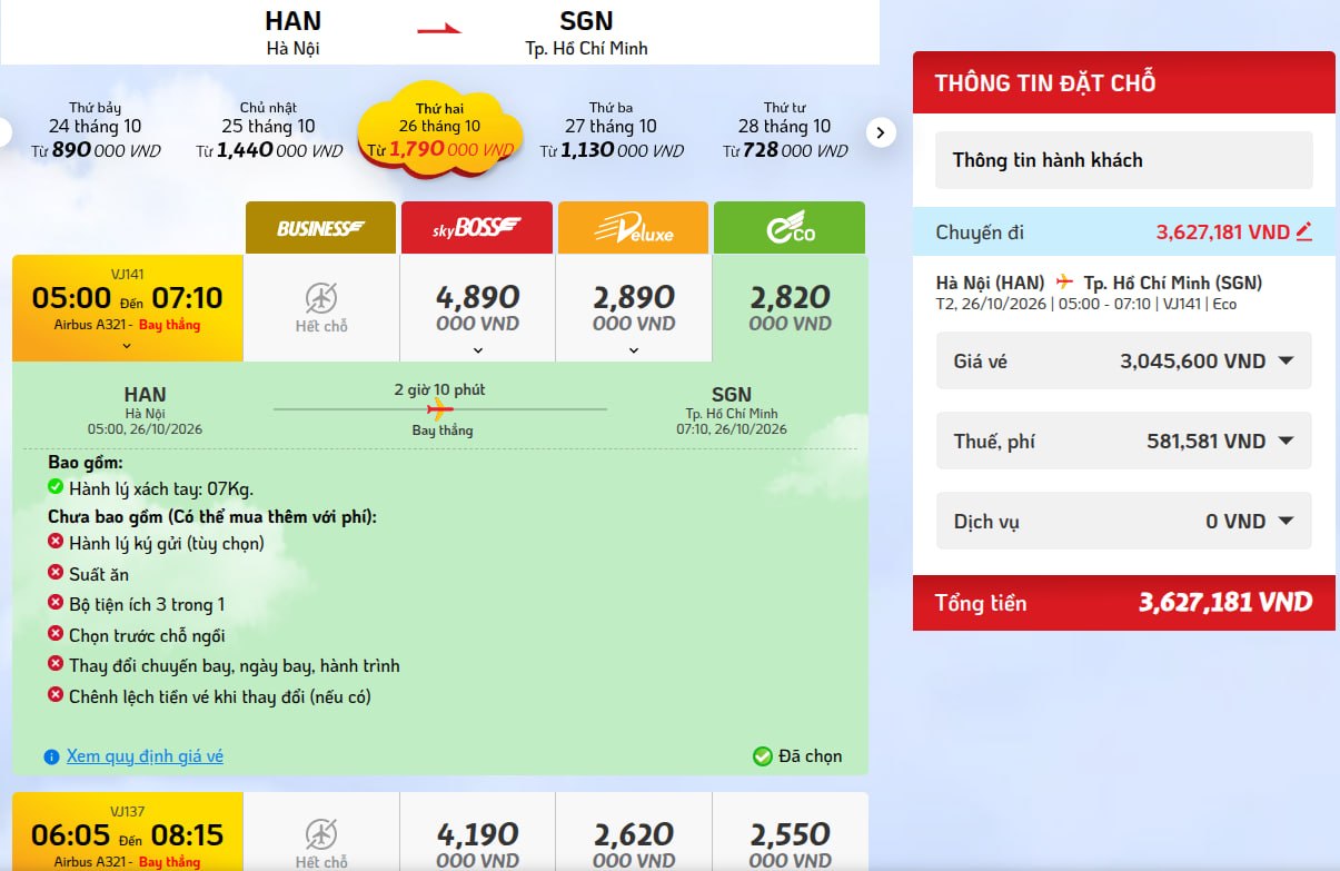 Với Vietjet, giá vé chiều về có thể lên tới 3,6 triệu đồng. Ảnh chụp màn hình