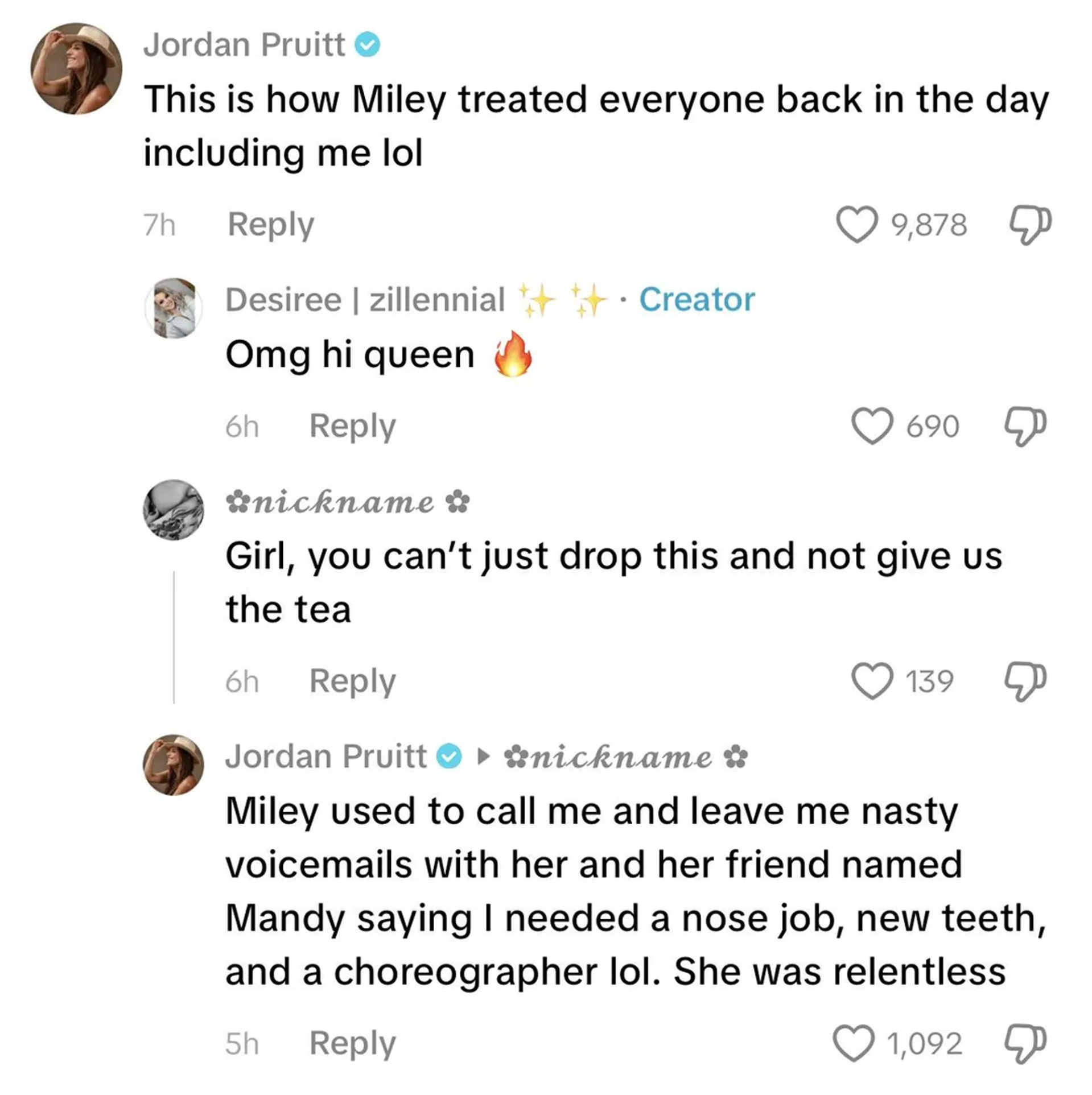 Jordan Pruitt đăng những bình luận tố cáo Miley Cyrus. Ảnh: Page Six