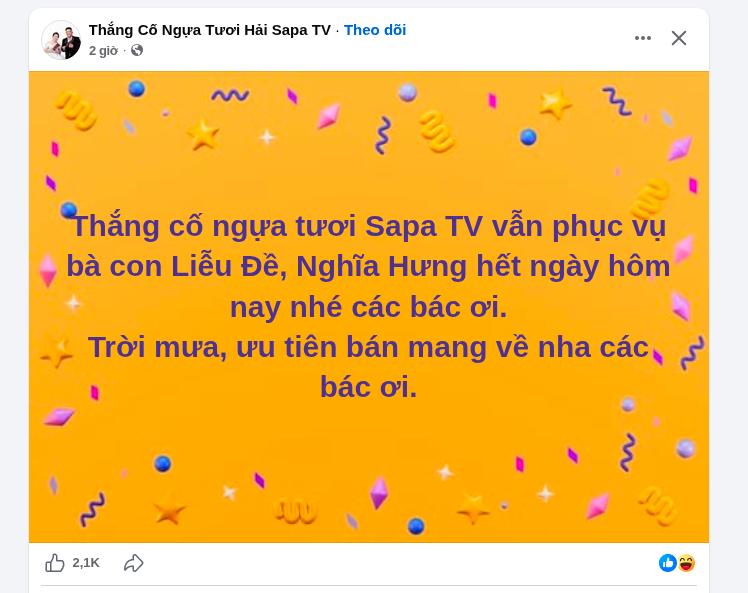 Bài đăng từ nhà hàng thắng cố ngựa tươi Sapa TV. Ảnh chụp màn hình