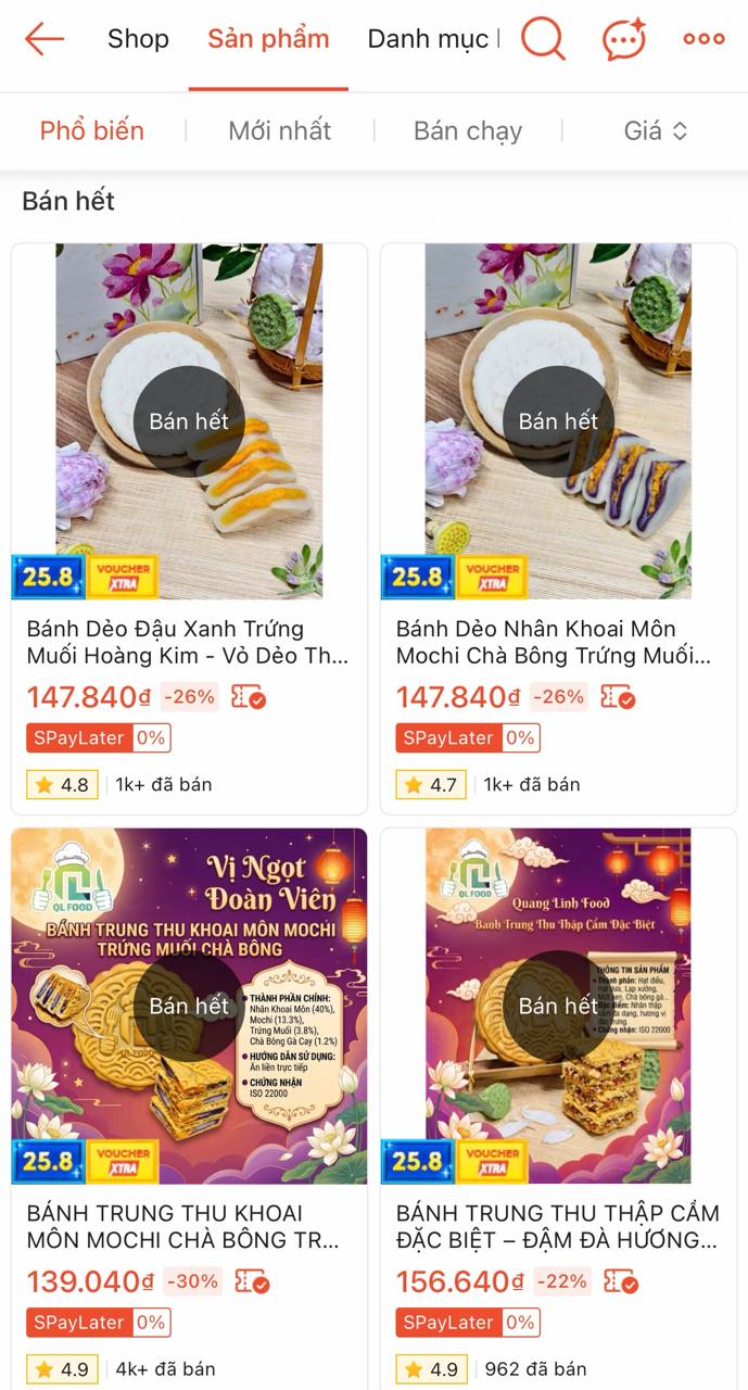 Các sản phẩm bánh trung thu đã không còn xuất hiện trong giỏ hàng của Quang Linh Food trên các sàn thương mại điện tử.