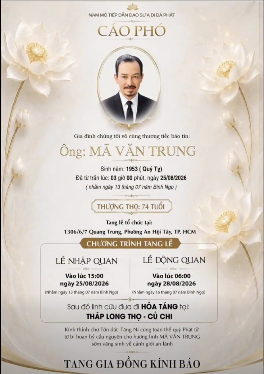 Gia đình thông báo cáo phó, cố nghệ sĩ Mã Trung qua đời vào 3h sáng 25/8