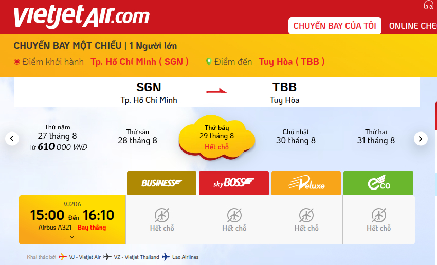Chặng TPHCM - Tuy Hòa đã kín chỗ vào ngày 29/8