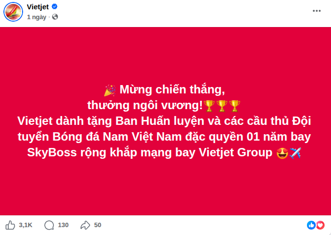 Vietjet công bố một phần quà đặc biệt dành cho đội tuyển. Ảnh chụp màn hình. 