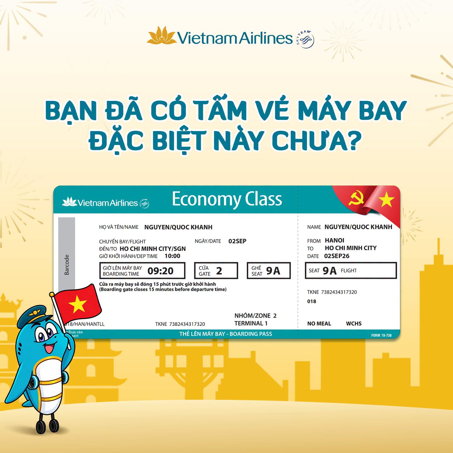 Tấm vé máy bay đặc biệt của Vietnam Airlines trong dịp 2/9