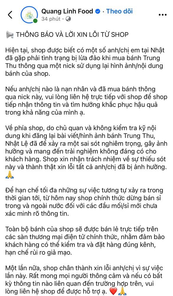 Bài đăng từ phía Quang Linh Food gây chú ý