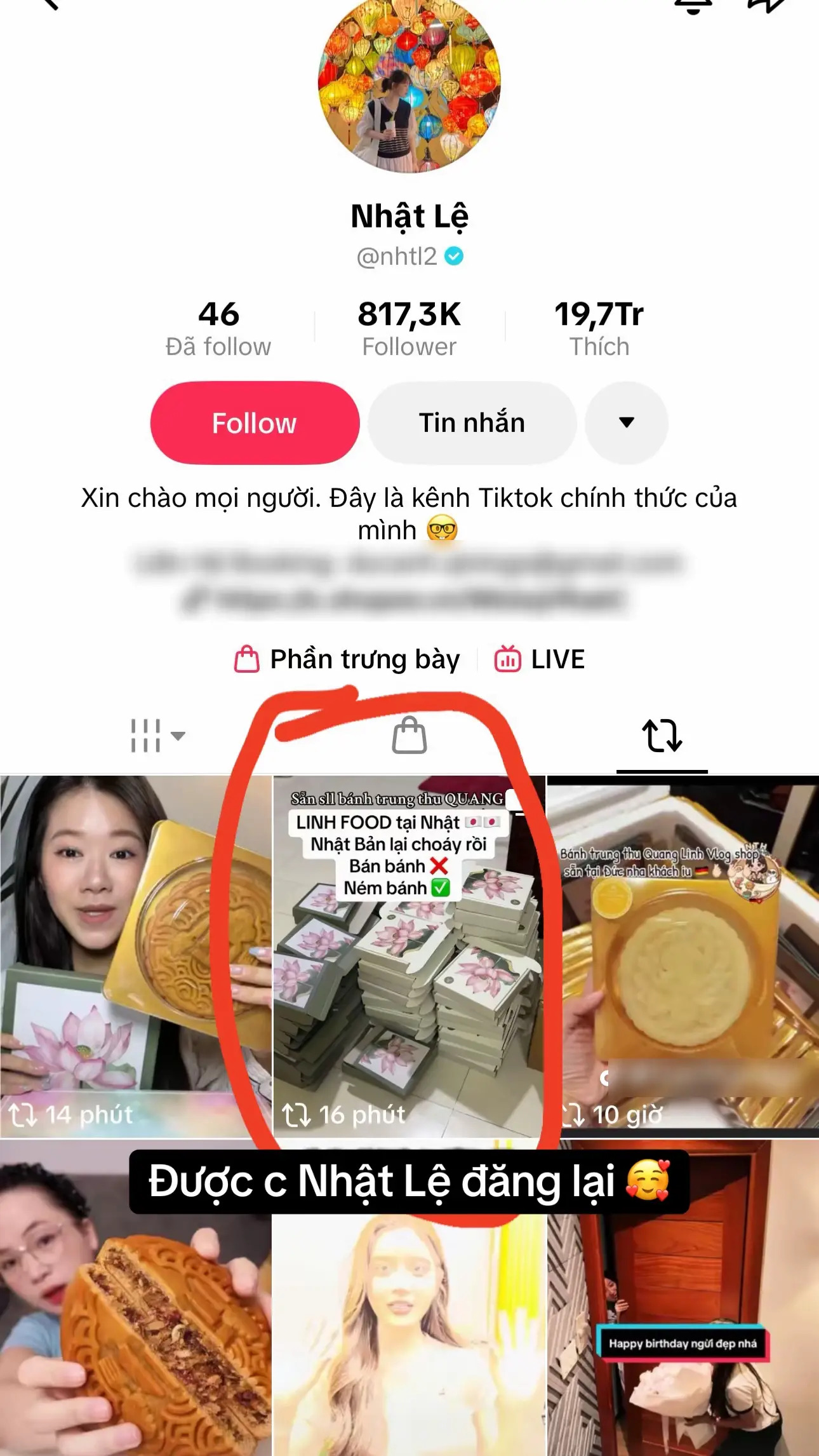 Tài khoản tự nhận là đại lý bánh trung thu Quang Linh Food ở Nhật Bản thể hiện sự uy tín bằng việc được Nhật Lệ