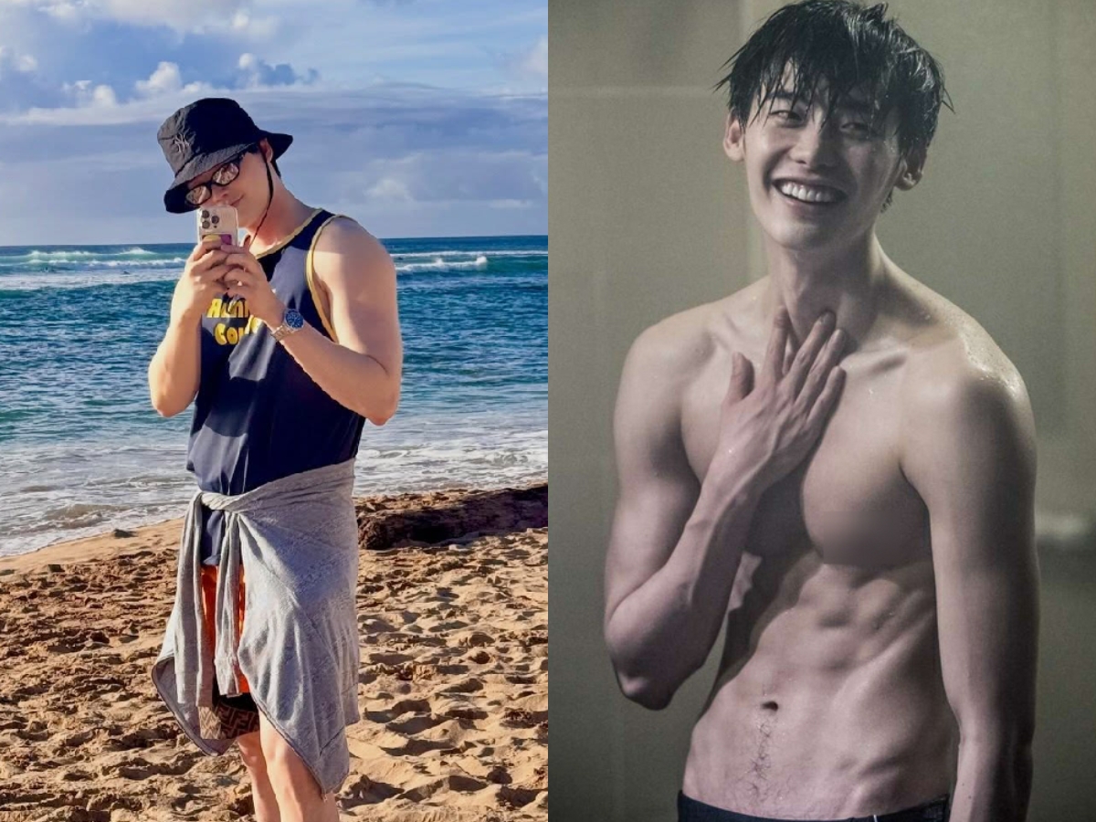 Lee Jong Suk gây sốc với bụng phệ trong hình ảnh mới nhất (ảnh trái), đối lập hoàn toàn với body 6 múi như tạc tượng trước đây. Ảnh: Nate