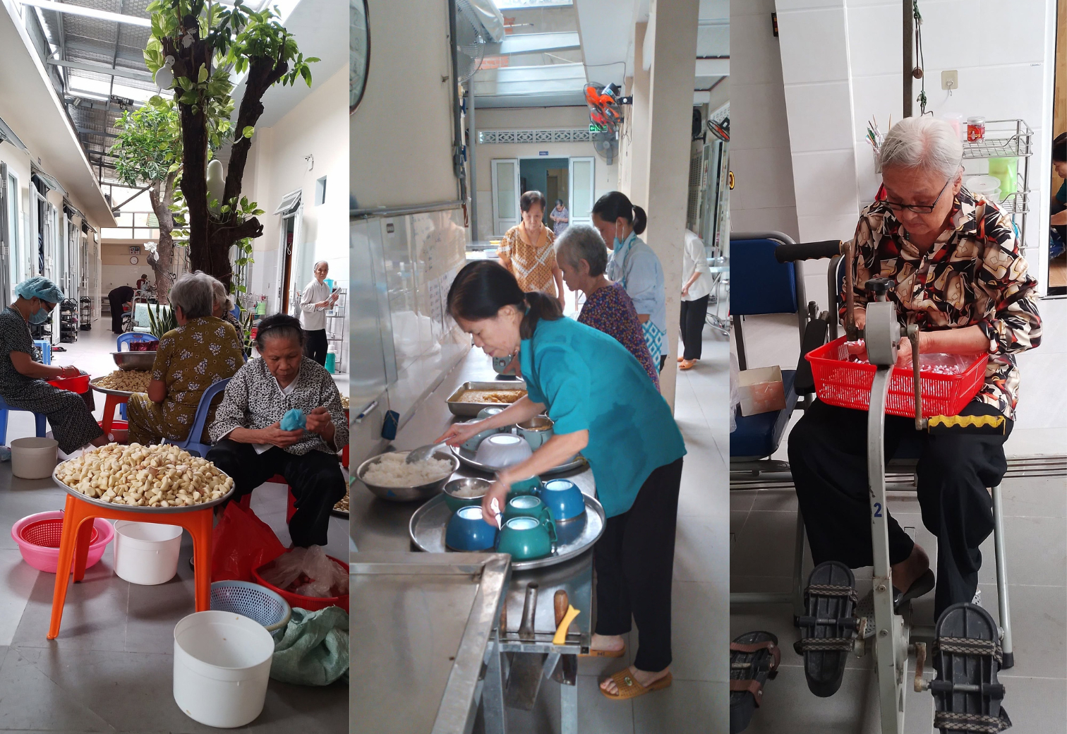 Ở mái ấm này, bữa cơm hàng ngày giống như cơm nhà, các cụ khỏe hơn sẽ chăm sóc các cụ đau yếu