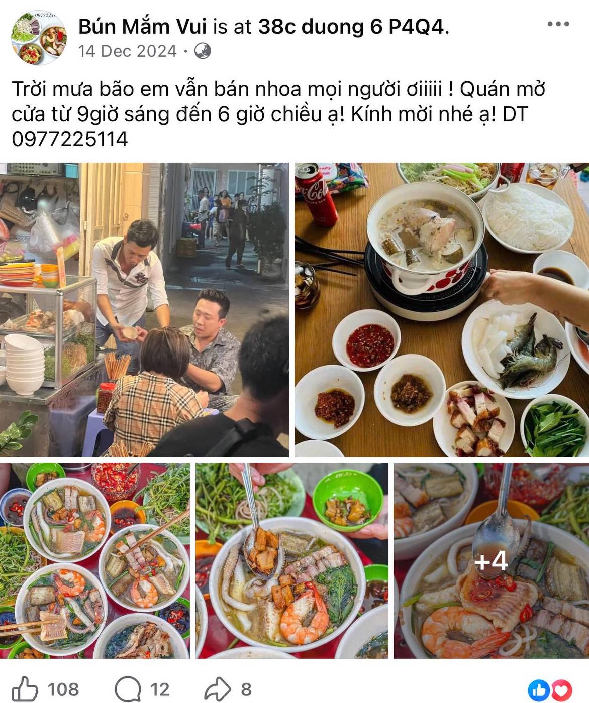 Chủ quán bún mắm Vui đăng ảnh Trấn Thành ngồi ngay chiếc ghế cạnh tủ kính đựng đồ, giọng văn hầu như không đổi
