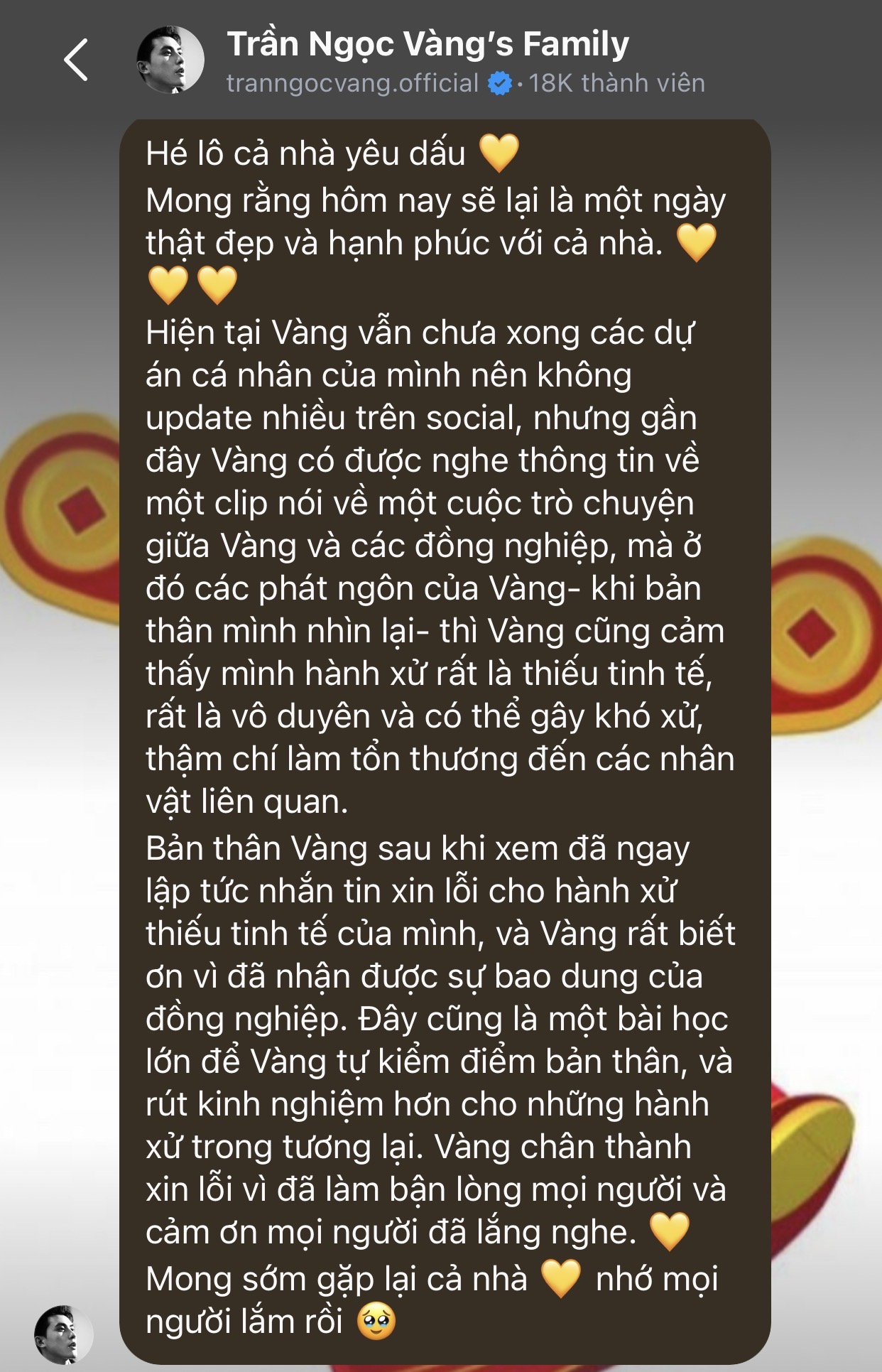 Trần Ngọc Vàng lên tiếng xin lỗi về những tranh cãi