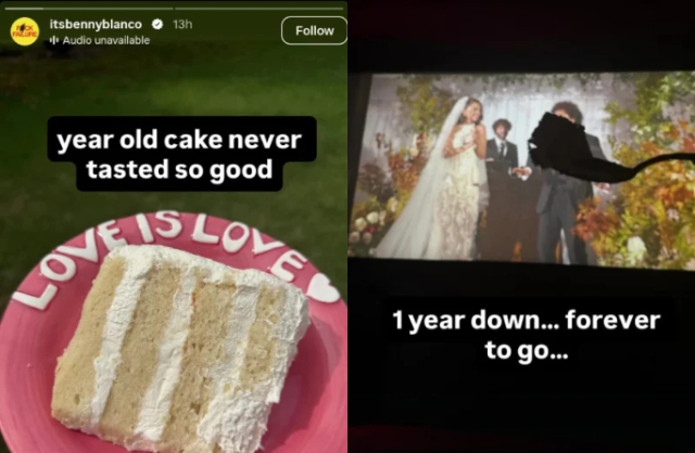 Ngay giữa lúc những nghi vấn tiêu cực về mối quan hệ xuất hiện, Benny Blanco đã đăng tải lên Instagram Story hình ảnh một miếng bánh cưới được hai vợ chồng anh cẩn thận giữ lại từ đám cưới năm 2025, đồng thời chia sẻ thêm 1 khoảnh khắc trong hôn lễ. Ảnh: Instagram.