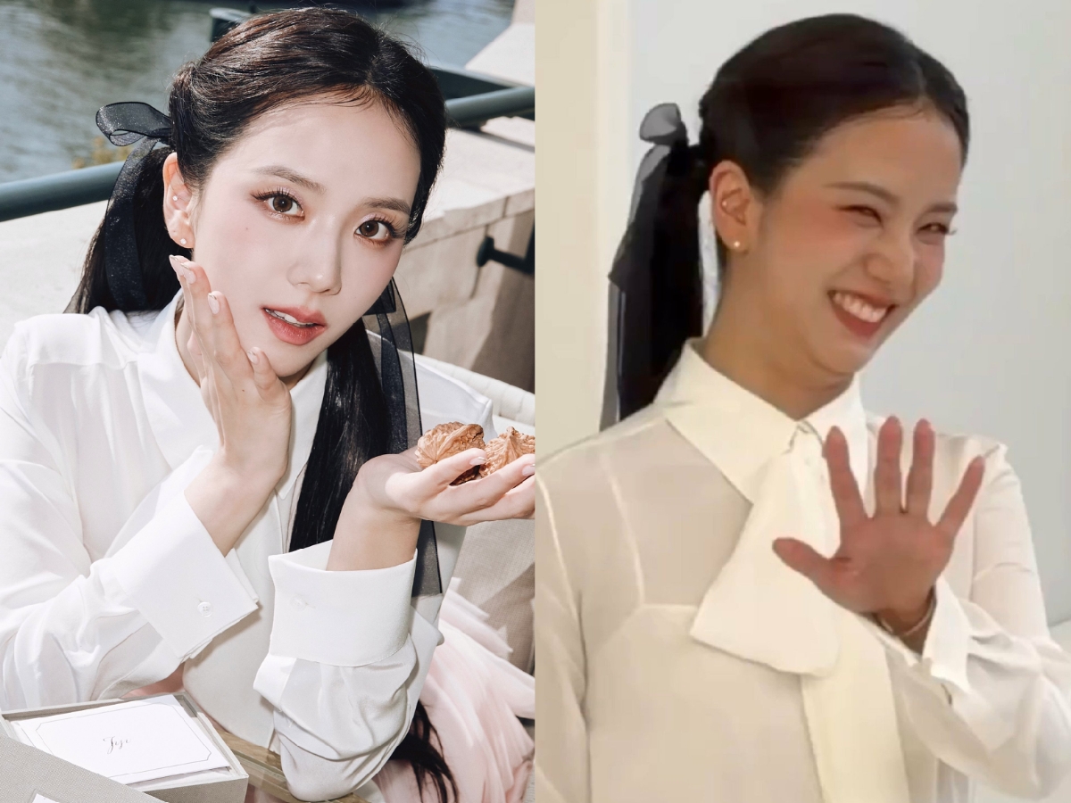 Jisoo trong ảnh tự đăng (ảnh trái) trông hoàn hảo không tì vết. Thế nhưng, ở ảnh bị tag thì cô nàng lại lộ ra hàng loạt khuyết điểm trên gương mặt từ cằm nọng cho tới nếp nhăn. Ảnh: X