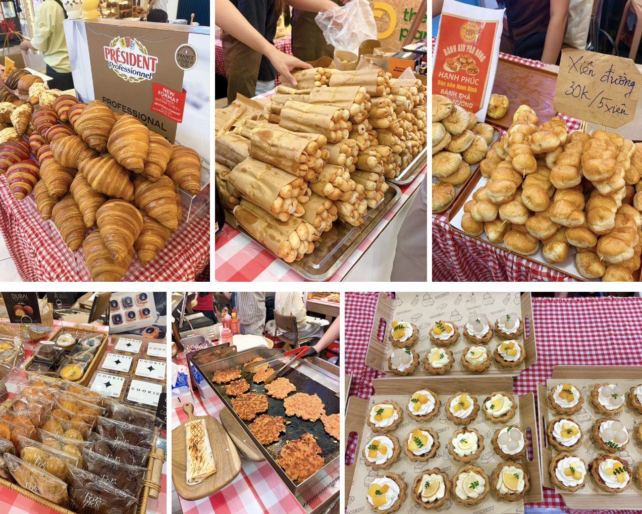 Những khay bánh được xếp đầy, từ bánh mì truyền thống, xíu páo, bánh mì que đến croissant, donut, muffin, tart trứng, su kem, cookie, lưỡi mèo, pizza mini…